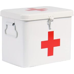 First Aid Kit, First Aid Medicine Supplies Bin - 2-Tier Metal Medicine Storage Tin, Samll First Aid Box with Removable Tray for Home & Workplace Emergency Tool Set - Red