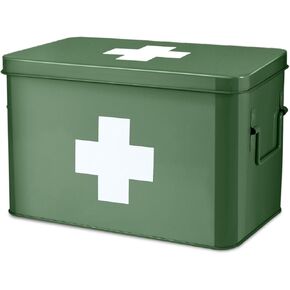Flexzion First Aid Box Organizer, Empty 8.5 Inch Gray Vintage First Aid Kit Tin Metal Medical Box First Aid Storage Box Container Bins with Dividers, Removable Tray and Cross Logo
