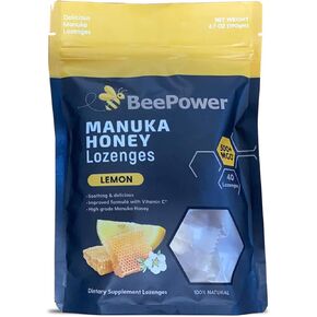 BeePower جميع معينات عسل مانوكا الطبيعية | يحتوي على 40 قرص استحلاب 6.7 أوقية MGO 500+، (نكهة الزنجبيل والليمون)