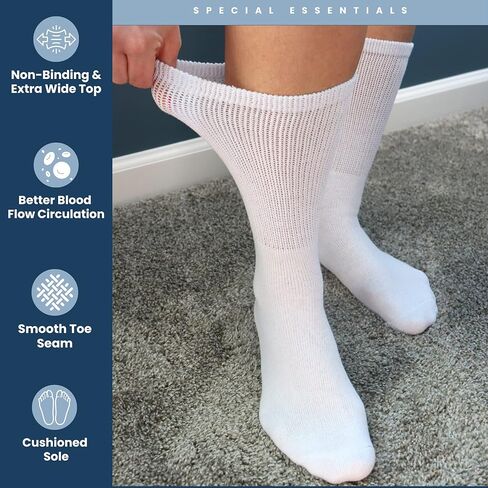 Special Essentials 3 Pairs Cotton Diabetic Crew Socks - Non-Binding Wide Top Comfort & Support for Men & Women in Kuwait