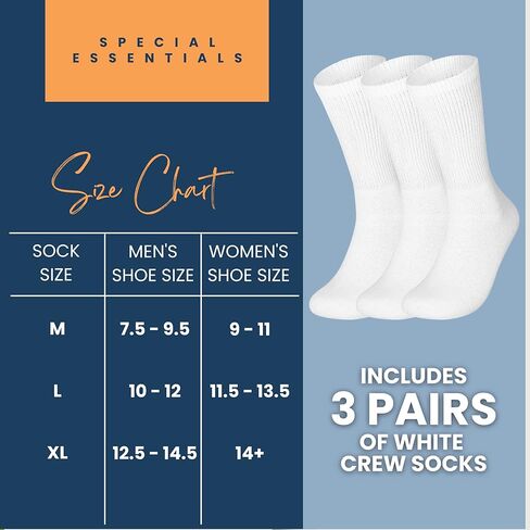 Special Essentials 3 Pairs Cotton Diabetic Crew Socks - Non-Binding Wide Top Comfort & Support for Men & Women in Kuwait