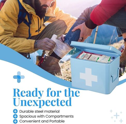 صندوق إسعافات أولية معدني كبير من فليكسيون، فارغ، 13 بوصة، أحمر مع صليب أبيض | صندوق دواء عتيق ومنظم تخزين الإسعافات الأولية مع صينية وفواصل قابلة للإزالة؛ صندوق فارغ فقط، اللوازم غير متضمنة in Kuwait