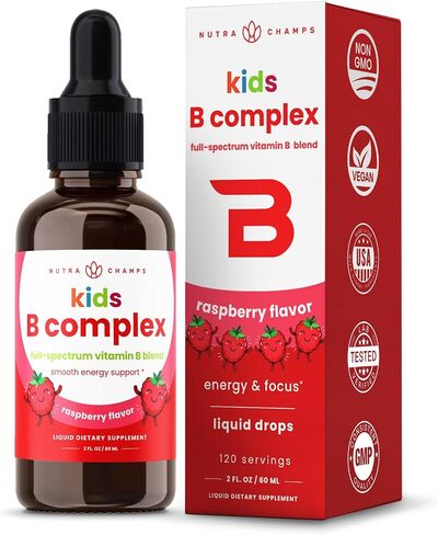 NutraChamps Vitamin B Complex Liquid Drops | B Vitamins Complex Supplement with B1, B2, B3, B6, B7, B9 & Methyl B12 Drops for Adults & Kids | Vegan Berry Flavor 2oz | 60 Servings / 2 Month Supply in Kuwait