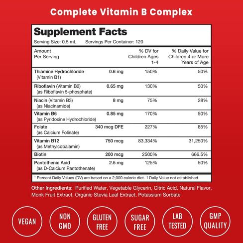 NutraChamps Vitamin B Complex Liquid Drops | B Vitamins Complex Supplement with B1, B2, B3, B6, B7, B9 & Methyl B12 Drops for Adults & Kids | Vegan Berry Flavor 2oz | 60 Servings / 2 Month Supply in Kuwait