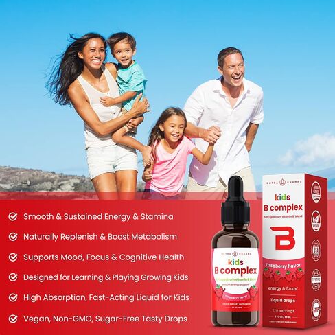 NutraChamps Vitamin B Complex Liquid Drops | B Vitamins Complex Supplement with B1, B2, B3, B6, B7, B9 & Methyl B12 Drops for Adults & Kids | Vegan Berry Flavor 2oz | 60 Servings / 2 Month Supply in Kuwait
