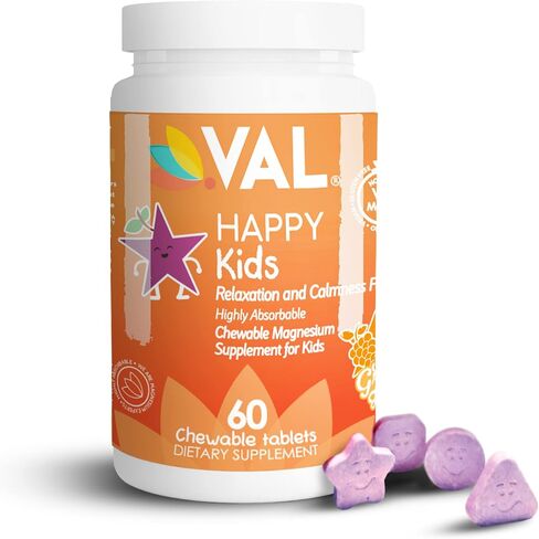 VAL Chewable Magnesium for Kids, Relaxation and Calm Formula, Glycinate, Citrate, Taurate, Vitamin B6, D, C, Natural Blueberry Flavor, Sugar Free, Gluten Free, Non-GMO, 60 Chewable Tablets in Kuwait