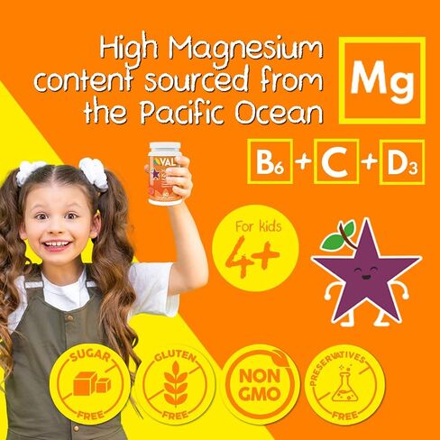 VAL Chewable Magnesium for Kids, Relaxation and Calm Formula, Glycinate, Citrate, Taurate, Vitamin B6, D, C, Natural Blueberry Flavor, Sugar Free, Gluten Free, Non-GMO, 60 Chewable Tablets in Kuwait