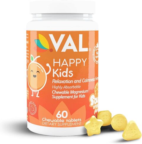 VAL Chewable Magnesium for Kids, Relaxation and Calm Formula, Glycinate, Citrate, Taurate, Vitamin B6, D, C, Natural Blueberry Flavor, Sugar Free, Gluten Free, Non-GMO, 60 Chewable Tablets in Kuwait