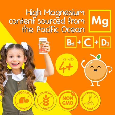 VAL Chewable Magnesium for Kids, Relaxation and Calm Formula, Glycinate, Citrate, Taurate, Vitamin B6, D, C, Natural Blueberry Flavor, Sugar Free, Gluten Free, Non-GMO, 60 Chewable Tablets in Kuwait