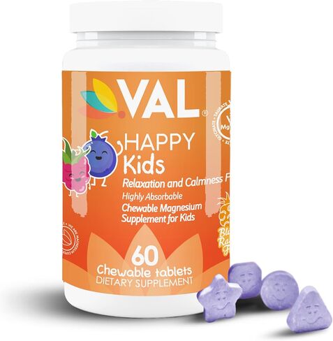 VAL Chewable Magnesium for Kids, Relaxation and Calm Formula, Glycinate, Citrate, Taurate, Vitamin B6, D, C, Natural Blueberry Flavor, Sugar Free, Gluten Free, Non-GMO, 60 Chewable Tablets in Kuwait