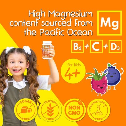 VAL Chewable Magnesium for Kids, Relaxation and Calm Formula, Glycinate, Citrate, Taurate, Vitamin B6, D, C, Natural Blueberry Flavor, Sugar Free, Gluten Free, Non-GMO, 60 Chewable Tablets in Kuwait