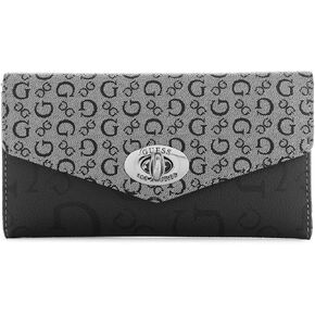GUESS Women's Logo Print Twist Lock Trifold Slim Wallet Clutch Bag - Black in Saudi Arabia