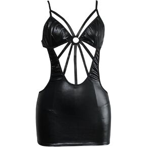 Womens Wet Look Lingerie Leather Bodysuit Mesh Patchwork Halter Neck High Cut Leotard Strap Lingerie for Women in Saudi Arabia
