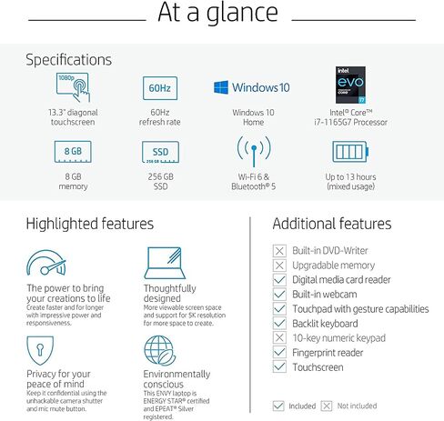 HP Envy 13 Laptop, 13.3" FHD 1080p Touchscreen, i7-1165G7 EVO, 8GB DDR4 RAM, 1TB SSD, Webcam with Shutter Switch, Backlit Keyboard, Fingerprint Reader, WiFi 6, Bluetooth 5, Windows 10 Home in Saudi Arabia