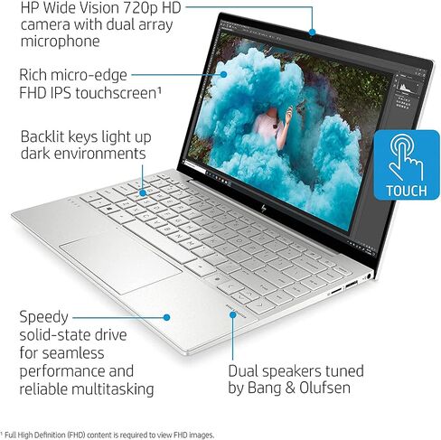 HP Envy 13 Laptop, 13.3" FHD 1080p Touchscreen, i7-1165G7 EVO, 8GB DDR4 RAM, 1TB SSD, Webcam with Shutter Switch, Backlit Keyboard, Fingerprint Reader, WiFi 6, Bluetooth 5, Windows 10 Home in Saudi Arabia