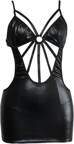 Womens Wet Look Lingerie Leather Bodysuit Mesh Patchwork Halter Neck High Cut Leotard Strap Lingerie for Women in Saudi Arabia