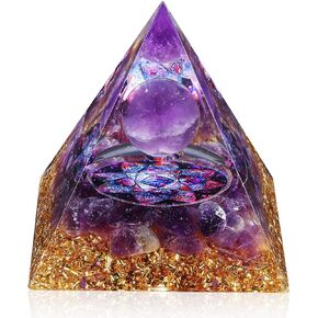 Orgone Pyramid Orgonite Amethyst&Aquamarine Healing Crystals Pyramid Positive Energy Generator for Reduce Stress Reiki Chakra Healing Meditation Attract Lucky, with 2 White Crystal Stones