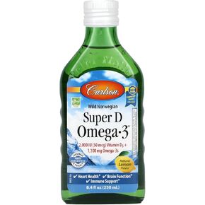 Carlson - Super D Omega-3، زيت كبد سمك القد النرويجي القطبي الشمالي، 2000 وحدة دولية (50 ميكروجرام) فيتامين د3، 1100 مجم أوميجا 3، سائل زيت السمك الشمالي من مصادر مستدامة، ليمون، 250 مل in Kuwait