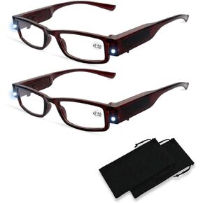 2 Pcs Reading Glasses with Lights for Men and Women Led Readers Fashion Glasses for Reading Lighted Magnifier Nighttime Reader Compact Full Frame Eyewear Unisex Clear Vision Lighted Eye Glasses+1.0