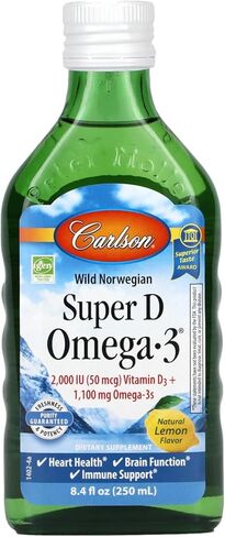 Carlson - Super D Omega-3، زيت كبد سمك القد النرويجي القطبي الشمالي، 2000 وحدة دولية (50 ميكروجرام) فيتامين د3، 1100 مجم أوميجا 3، سائل زيت السمك الشمالي من مصادر مستدامة، ليمون، 250 مل in Kuwait