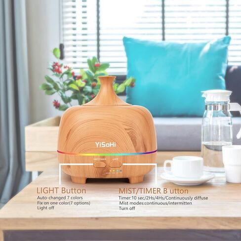 موزع روائح الزيوت العطرية بالتحكم عن بعد سعة 500 مل من YiSoHi مع 7 مصابيح LED ملونة وإيقاف تلقائي لغرفة النوم المنزلية ومكتب اليوغا in Kuwait
