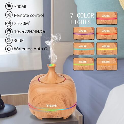 موزع روائح الزيوت العطرية بالتحكم عن بعد سعة 500 مل من YiSoHi مع 7 مصابيح LED ملونة وإيقاف تلقائي لغرفة النوم المنزلية ومكتب اليوغا in Kuwait