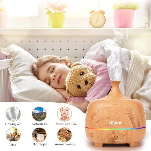 موزع روائح الزيوت العطرية بالتحكم عن بعد سعة 500 مل من YiSoHi مع 7 مصابيح LED ملونة وإيقاف تلقائي لغرفة النوم المنزلية ومكتب اليوغا in Kuwait