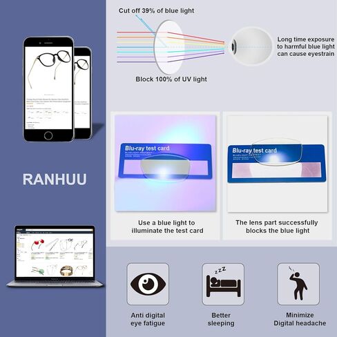 RANHUU نظارات كمبيوتر بإطار معدني دائري مانع للضوء باللون الأزرق بنمط جون لينون (إطار ذهبي/عدسة شفافة، 48) in Kuwait