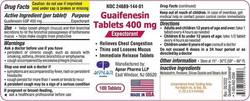 Guaifenesin 400 mg 100 Tablets - تخفيف المخاط سريع المفعول لنزلات البرد واحتقان الصدر والأنفلونزا والسعال والحساسية - Apnar Pharma. in Saudi Arabia