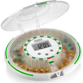 موزع حبوب الدواء الاوتوماتيكي مع منظم ادوية الكتروني لمدة 28 يومًا - حاوية حبوب دواء قابلة للقفل مع شاشة LCD ومنبه تذكير بالضوء والصوت للادوية المجدولة لكبار السن وكبار السن in Kuwait