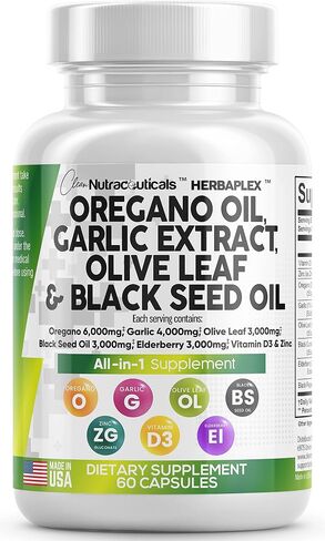 Oregano Oil 6000mg Garlic Extract 4000mg Olive Leaf 3000mg Black Seed Oil 3000mg - Immune Support & Digestive Health Supplement for Women and Men with Vitamin D3 and Zinc - Made in USA 60 Caps in Saudi Arabia