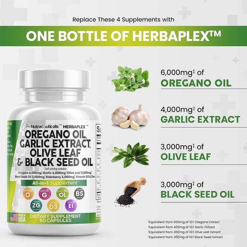 Oregano Oil 6000mg Garlic Extract 4000mg Olive Leaf 3000mg Black Seed Oil 3000mg - Immune Support & Digestive Health Supplement for Women and Men with Vitamin D3 and Zinc - Made in USA 60 Caps in Saudi Arabia