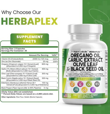 Oregano Oil 6000mg Garlic Extract 4000mg Olive Leaf 3000mg Black Seed Oil 3000mg - Immune Support & Digestive Health Supplement for Women and Men with Vitamin D3 and Zinc - Made in USA 60 Caps in Saudi Arabia