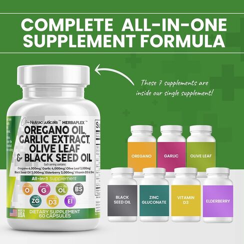 Oregano Oil 6000mg Garlic Extract 4000mg Olive Leaf 3000mg Black Seed Oil 3000mg - Immune Support & Digestive Health Supplement for Women and Men with Vitamin D3 and Zinc - Made in USA 60 Caps in Saudi Arabia