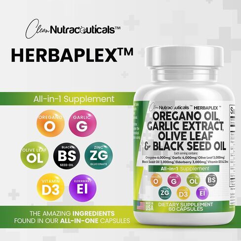 Oregano Oil 6000mg Garlic Extract 4000mg Olive Leaf 3000mg Black Seed Oil 3000mg - Immune Support & Digestive Health Supplement for Women and Men with Vitamin D3 and Zinc - Made in USA 60 Caps in Saudi Arabia