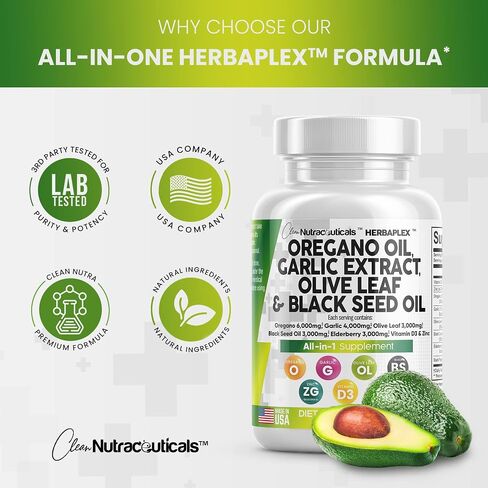 Oregano Oil 6000mg Garlic Extract 4000mg Olive Leaf 3000mg Black Seed Oil 3000mg - Immune Support & Digestive Health Supplement for Women and Men with Vitamin D3 and Zinc - Made in USA 60 Caps in Saudi Arabia