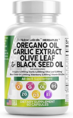 Oregano Oil 6000mg Garlic Extract 4000mg Olive Leaf 3000mg Black Seed Oil 3000mg - Immune Support & Digestive Health Supplement for Women and Men with Vitamin D3 and Zinc - Made in USA 60 Caps in Saudi Arabia