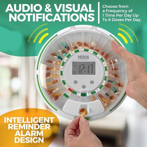 موزع حبوب الدواء الاوتوماتيكي مع منظم ادوية الكتروني لمدة 28 يومًا - حاوية حبوب دواء قابلة للقفل مع شاشة LCD ومنبه تذكير بالضوء والصوت للادوية المجدولة لكبار السن وكبار السن in Kuwait