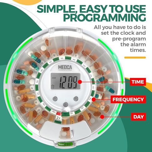موزع حبوب الدواء الاوتوماتيكي مع منظم ادوية الكتروني لمدة 28 يومًا - حاوية حبوب دواء قابلة للقفل مع شاشة LCD ومنبه تذكير بالضوء والصوت للادوية المجدولة لكبار السن وكبار السن in Kuwait