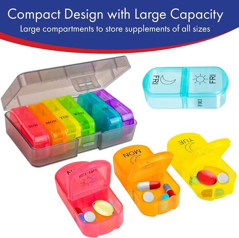 PAXMART Compact Weekly Pill Organizer 2 Times A Day AM PM (with 7 Individual Detachable Daily Pill Containers) for Medications, Vitamins, Supplements - Travel, Work or Home Use - Durable BPA-Free in Saudi Arabia