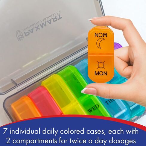 PAXMART Compact Weekly Pill Organizer 2 Times A Day AM PM (with 7 Individual Detachable Daily Pill Containers) for Medications, Vitamins, Supplements - Travel, Work or Home Use - Durable BPA-Free in Saudi Arabia