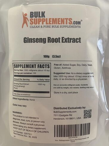 BULKSUPPLEMENTS.COM مسحوق مستخلص جذور الجينسنغ - مكمل الجينسنغ، مكملات الجينسنغ العشبية، باناكس الجينسنغ - نباتي وخالي من الغلوتين، 1000 ملغ من مستخلص الجينسنغ لكل وجبة، 100 جرام (3.5 أونصة) in Kuwait