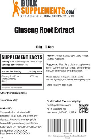 BULKSUPPLEMENTS.COM مسحوق مستخلص جذور الجينسنغ - مكمل الجينسنغ، مكملات الجينسنغ العشبية، باناكس الجينسنغ - نباتي وخالي من الغلوتين، 1000 ملغ من مستخلص الجينسنغ لكل وجبة، 100 جرام (3.5 أونصة) in Kuwait