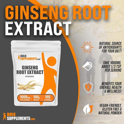 BULKSUPPLEMENTS.COM مسحوق مستخلص جذور الجينسنغ - مكمل الجينسنغ، مكملات الجينسنغ العشبية، باناكس الجينسنغ - نباتي وخالي من الغلوتين، 1000 ملغ من مستخلص الجينسنغ لكل وجبة، 100 جرام (3.5 أونصة) in Kuwait
