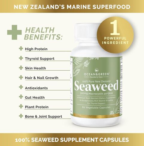 Oceangreen Organics Seaweed Kelp Supplements New Zealand | Premium - 100% Pure Organic & Natural - Multi-Nutrient & Thyroid Support Supplement - Natural Source of Iodine | 60 Vegetarian Capsules in Saudi Arabia