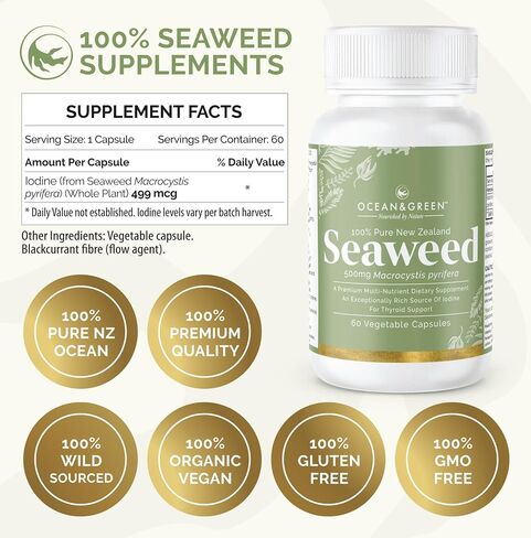 Oceangreen Organics Seaweed Kelp Supplements New Zealand | Premium - 100% Pure Organic & Natural - Multi-Nutrient & Thyroid Support Supplement - Natural Source of Iodine | 60 Vegetarian Capsules in Saudi Arabia