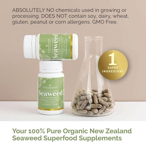 Oceangreen Organics Seaweed Kelp Supplements New Zealand | Premium - 100% Pure Organic & Natural - Multi-Nutrient & Thyroid Support Supplement - Natural Source of Iodine | 60 Vegetarian Capsules in Saudi Arabia