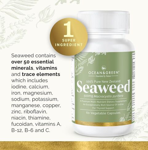 Oceangreen Organics Seaweed Kelp Supplements New Zealand | Premium - 100% Pure Organic & Natural - Multi-Nutrient & Thyroid Support Supplement - Natural Source of Iodine | 60 Vegetarian Capsules in Saudi Arabia