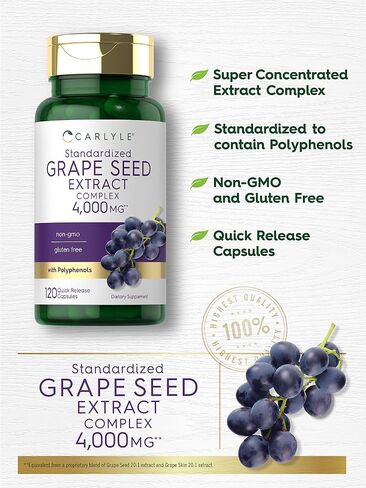 Carlyle Grape Seed Extract 4,000mg | 120 Quick Release Capsules | Standardized Extract Complex with Polyphenols | Non-GMO, Gluten Free Supplement in Saudi Arabia