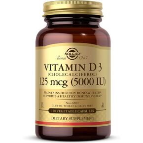 Solgar Vitamin D3 Cholecalciferol 125 mcg 5000 IU Vegetable Capsules Helps Maintain Healthy Bones Teeth Immune System Support Non GMO Gluten Free Dairy Free Kosher Servings - 360 Count